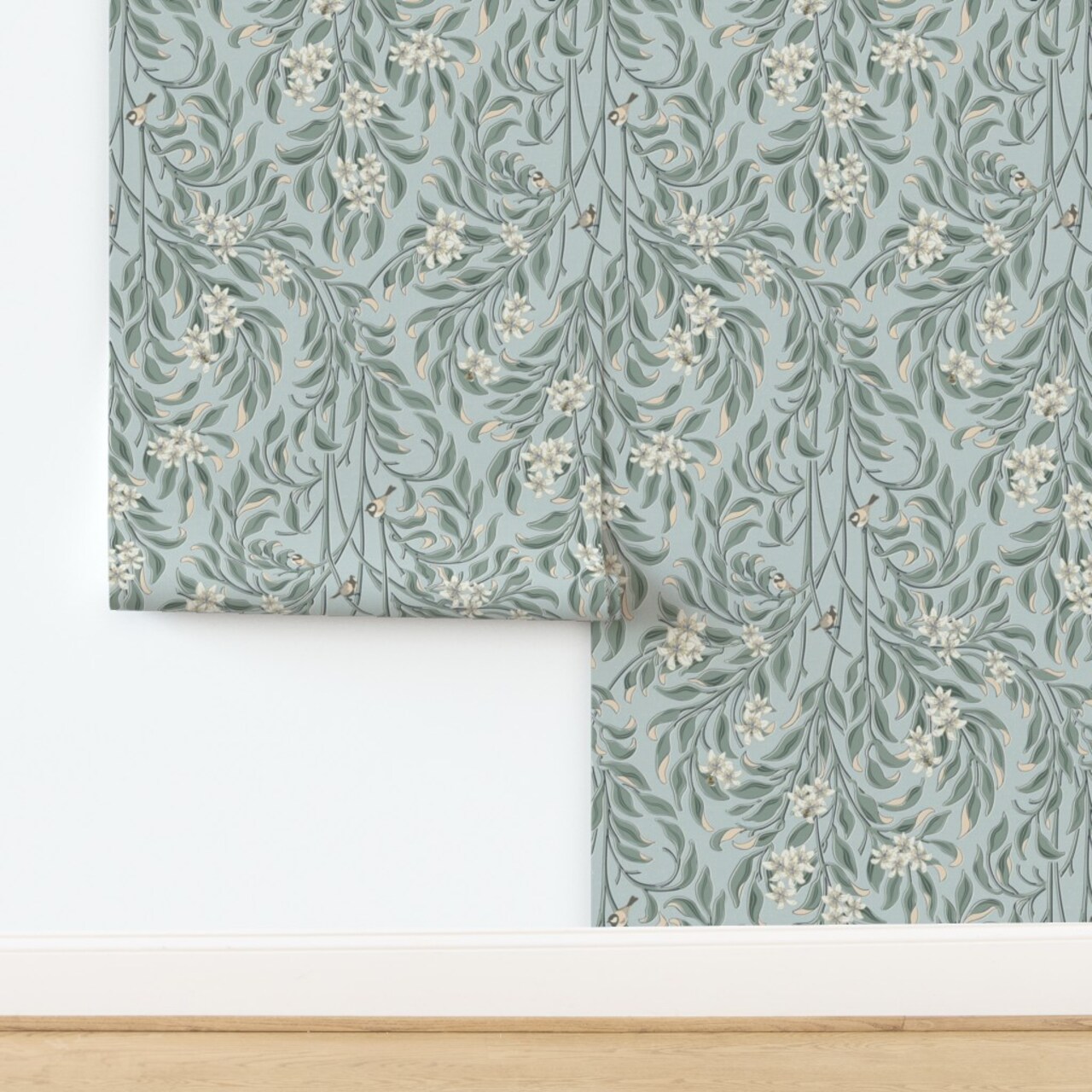 Blue Botanical Bird Traditional Pastel Vines White Floral Arts And Crafts Historical Timeless Custom Removable Wallpaper by Spoonflower Peel & Stick Wallpaper 2FT Wide